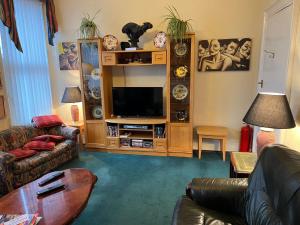 sala de estar con sofá y TV en Cosy Town House en Belfast