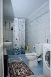 uma casa de banho com um WC, um chuveiro e um lavatório. em Stefkas apartment2 em Patra