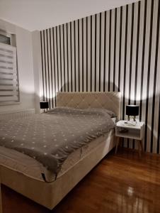 una camera con letto e parete a righe di Banja Luka apartment a Banja Luka