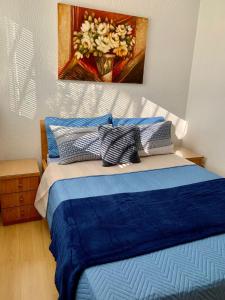 Un dormitorio con una cama azul con una pintura en la pared en 3 Quartos Melhor Valor do Df próximo ao Aeroporto e Plano en Brasilia