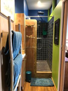 La salle de bains est pourvue d'une douche avec une porte en verre. dans l'établissement Une grande terrasse sur la mer, à Brando
