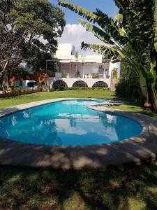 a small blue swimming pool in a yard at Residencia paraíso in Temixco