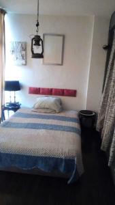 sypialnia z łóżkiem z czerwonym i niebieskim kocem w obiekcie Alcoba en Polanco (solo hombres) w mieście Meksyk