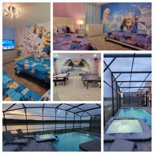 eine Collage mit Fotos eines Hotelzimmers mit Pool in der Unterkunft Winterfield Storey Lakeview 4173 in Kissimmee