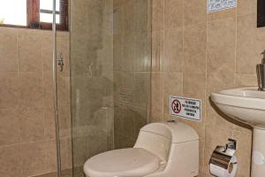 y baño con ducha, aseo y lavamanos. en Casa de las Palmas en Villa de Leyva