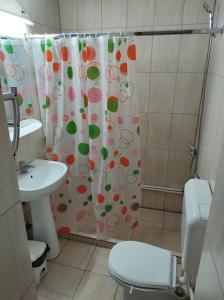 uma casa de banho com uma cortina de chuveiro, um WC e um lavatório. em CASA DIDINA fosta Pensiune Casa Didina em Bacău