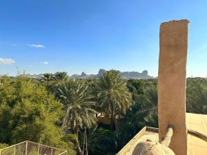 a column on top of a building with palm trees at AL Hamra Heritage Inn in Al Ḩamrāʼ