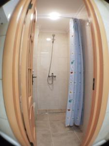 a bathroom with a shower with a blue shower curtain at Солензара in Mukacheve