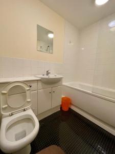 La salle de bains est pourvue de toilettes, d'un lavabo et d'une baignoire. dans l'établissement Two bedroom Entire Apartment in Roman road with Free Parking, à Middlesbrough