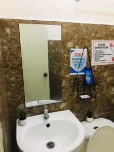 a bathroom with a sink and a mirror and a toilet at Queen's Room Rental 3 in El Nido
