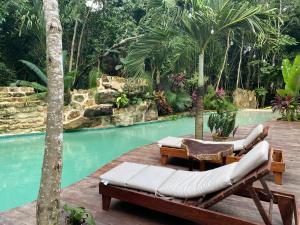 een resort met een zwembad met 2 ligstoelen bij Xoot’ka’ana Villa Colibri in Bacalar