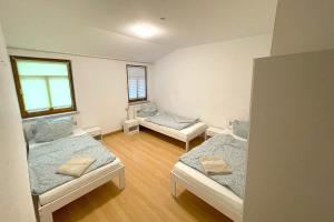 una camera con due letti e due finestre di City apartment with Wifi near Jena a Kahla