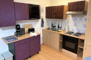 una piccola cucina con armadi viola e lavandino di City apartment with Wifi near Jena a Kahla