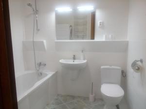 a white bathroom with a toilet and a sink at Leśny Loft in Gdynia