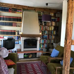 a living room with two chairs and a fireplace at Ferienwohnungen Grundmühle in Nordheim vor der Rhön