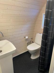 uma pequena casa de banho com WC e lavatório em Naturhytter em Kjellerup
