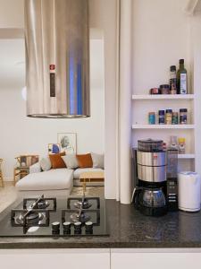 An cosy apartment near CPH airport في كوبنهاغن: مطبخ مع موقد فرن علوي بجوار أريكة
