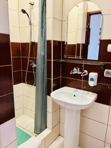 a bathroom with a sink and a shower at Hotel Elda in Bydgoszcz