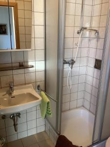 a bathroom with a shower and a sink at Haus Liesal in Spiegelau