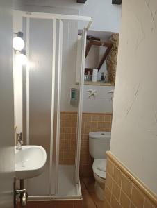 y baño con ducha, aseo y lavamanos. en Cau d'en Magí - Apartament Casc Antic, en Tarragona
