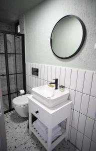 a bathroom with a sink and a mirror and a toilet at Mare House Boutique Hotel in Bursa