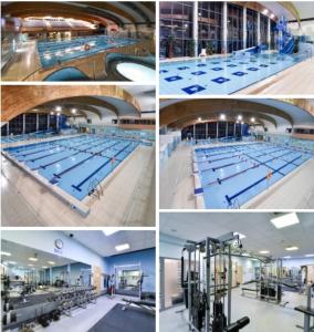 a collage of four pictures of a swimming pool at Dom WIKTOR Kaszuby do 5 os. in Olpuch