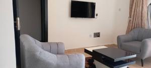 sala de estar con 2 sillas y TV en Remarkable 2-Bed Apartment in Asaba, en Asaba