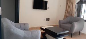 uma sala de estar com duas cadeiras e uma televisão em Remarkable 2-Bed Apartment in Asaba em Asaba