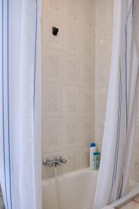 a bathroom with a shower with a white tub at Apartamento en el centro de Portosin in Goyanes