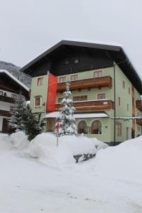 un edificio cubierto de nieve con un árbol de Navidad delante de él en Gästehaus Sägemühle, en Russbach am Pass Gschütt