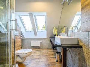 La salle de bains est pourvue d'un lavabo et de toilettes. dans l'établissement VisitZakopane - Willa Plan Apartments, à Zakopane