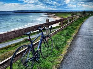 a bike parked next to a fence next to the ocean at The Old Thatch, Lemybrien in Waterford