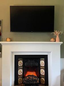 a fireplace with a flat screen tv above it at The Old Thatch, Lemybrien in Waterford