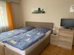 a bedroom with a bed and a flat screen tv at Ferienwohnung "an der Wiesent" in Ebermannstadt