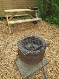 a grill with a picnic table and a bench at Woodland Glamping Cabin in Hatherleigh