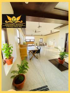 un salon avec une table et des plantes en pot dans l'établissement Chandra Haveli Boutique Homestay, à Jaisalmer