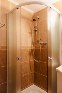 una doccia con una porta in vetro in un bagno di Romanian Athenaeum 1BR Apartment with Amazing View a Bucarest Altre 20 foto