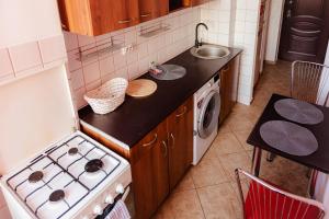 una cucina con fornelli e lavatrice di Romanian Athenaeum 1BR Apartment with Amazing View a Bucarest