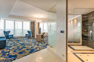 兹拉蒂博尔A Hoteli - Grand&Sky Hotel Tornik的一间设有玻璃墙和蓝色地毯的办公室
