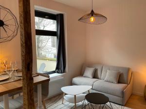 a living room with a couch and a table at Très Grand Studio - Terrasse in Strasbourg