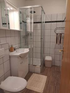 e bagno con doccia, servizi igienici e lavandino. di Gasthof Zeiser ad Admont