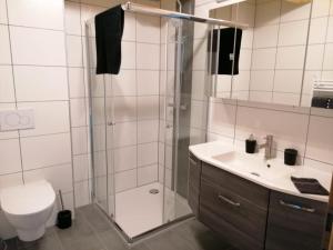 a bathroom with a shower and a toilet and a sink at Ferienwohnungen zum Klammlhof in Ebene Reichenau