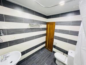 a bathroom with black and white stripes on the wall at Art Hotel in Yerevan
