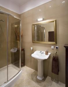 een badkamer met een wastafel, een douche en een spiegel bij Apartamenty Gołębia 3 in Krakau +102 foto's