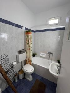 a bathroom with a toilet and a tub and a sink at Beach apartment Edem first floor in Perivolos