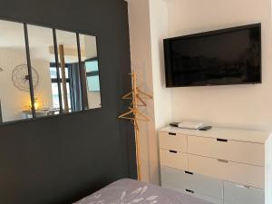 ストラスブールにあるTrès Grand Studio - Terrasseのベッドルーム(壁にテレビ付)、ドレッサーが備わります。