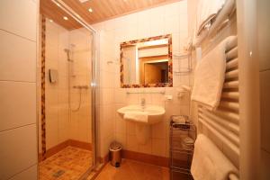 a bathroom with a shower and a sink and a toilet at Hotel Garni Landhaus Trenkenbach in Schladming