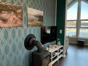 een woonkamer met een televisie en een lamp bij Holiday home Huglo II in Nordhuglo