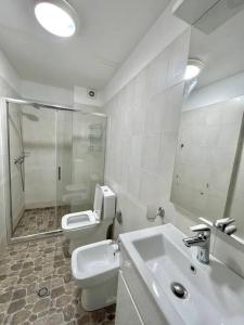 y baño con aseo, lavabo y ducha. en Studio Flat in the City Center, en Tirana