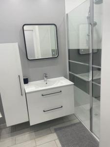 La salle de bains blanche est pourvue d'un lavabo et d'un miroir. dans l'établissement "Le 63 aux Charmettes" Au Brusc Vue Mer Parking Wifi etc inclus, à Six-Fours-les-Plages